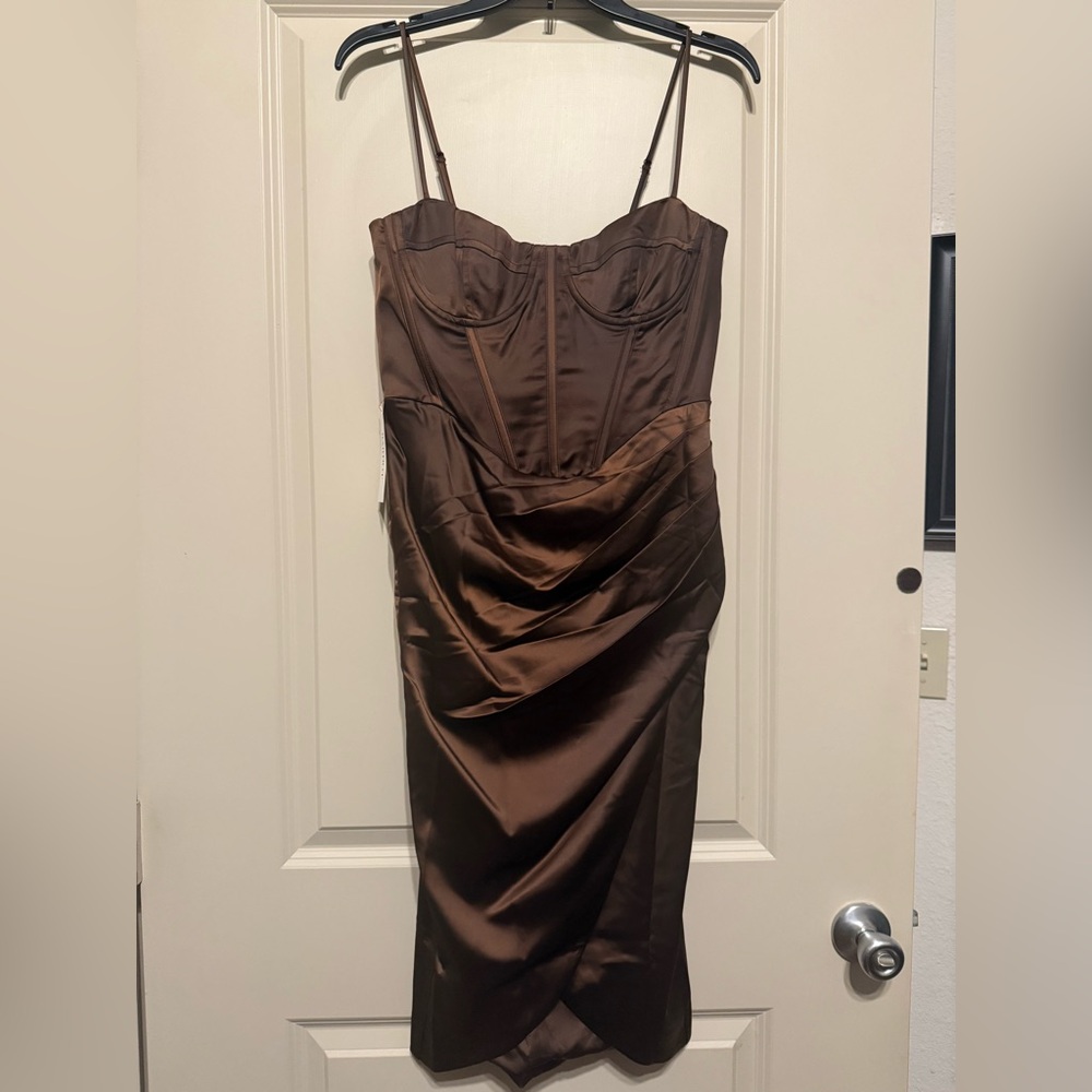 Bardot Chocolate Brown Satin Corset Midi Dress